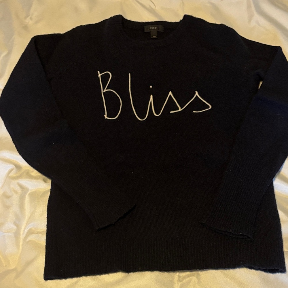 J. Crew Navy Blue Sweater with White 'Bliss' Script